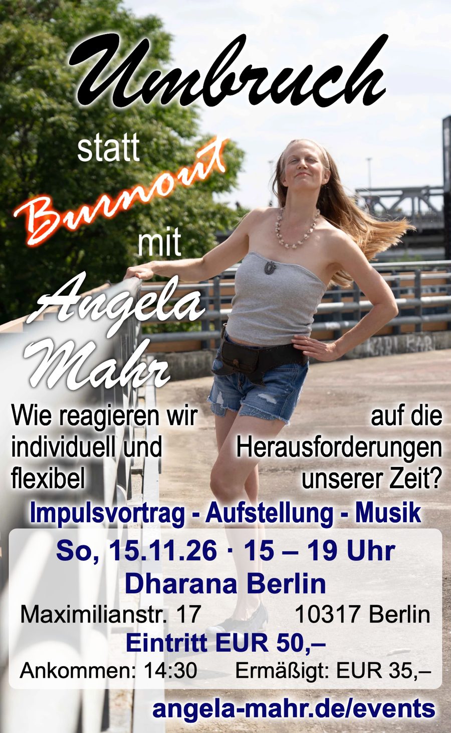 Flyer: Umbruch statt Burnout mit Angela Mahr, Sonntag 15.11.26, 15 bis 19 Uhr, Dharana Berlin